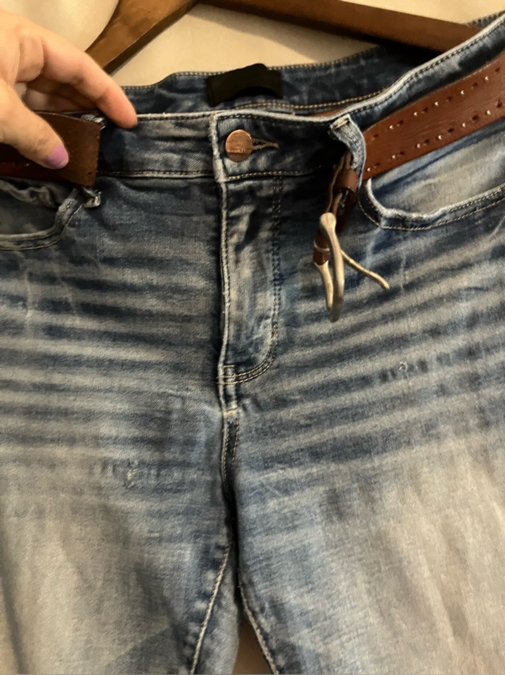 Buckle Black Light Blue Skinny Jeans with Brown Leather Belt - Picture 6 of 16